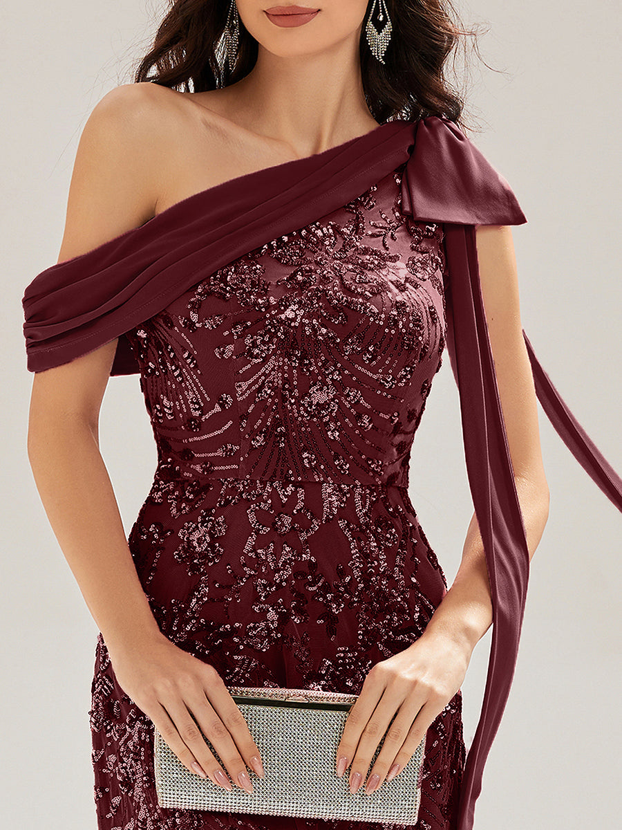 Robe chic sans manches à une épaule avec nœud #Couleur_Bordeaux