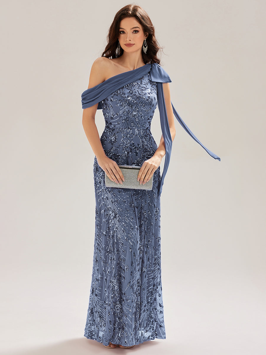 Robe chic sans manches à une épaule avec nœud #Couleur_Marine Fume