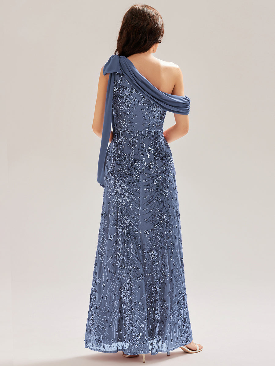 Robe chic sans manches à une épaule avec nœud #Couleur_Marine Fume