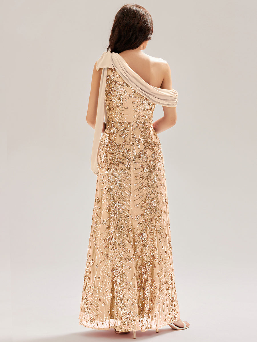 Robe chic sans manches à une épaule avec nœud #Couleur_Or