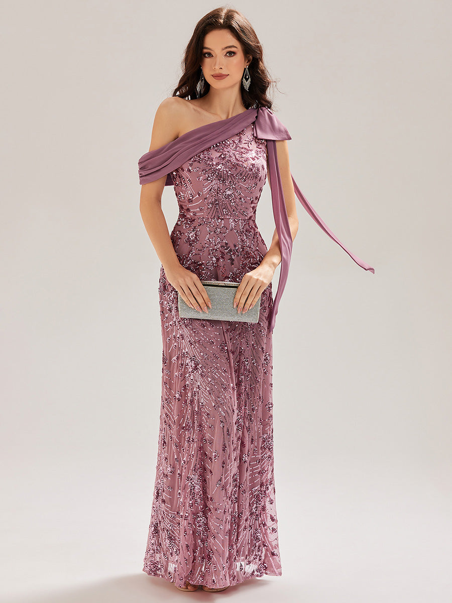 Robe chic sans manches à une épaule avec nœud #Couleur_Orchidee
