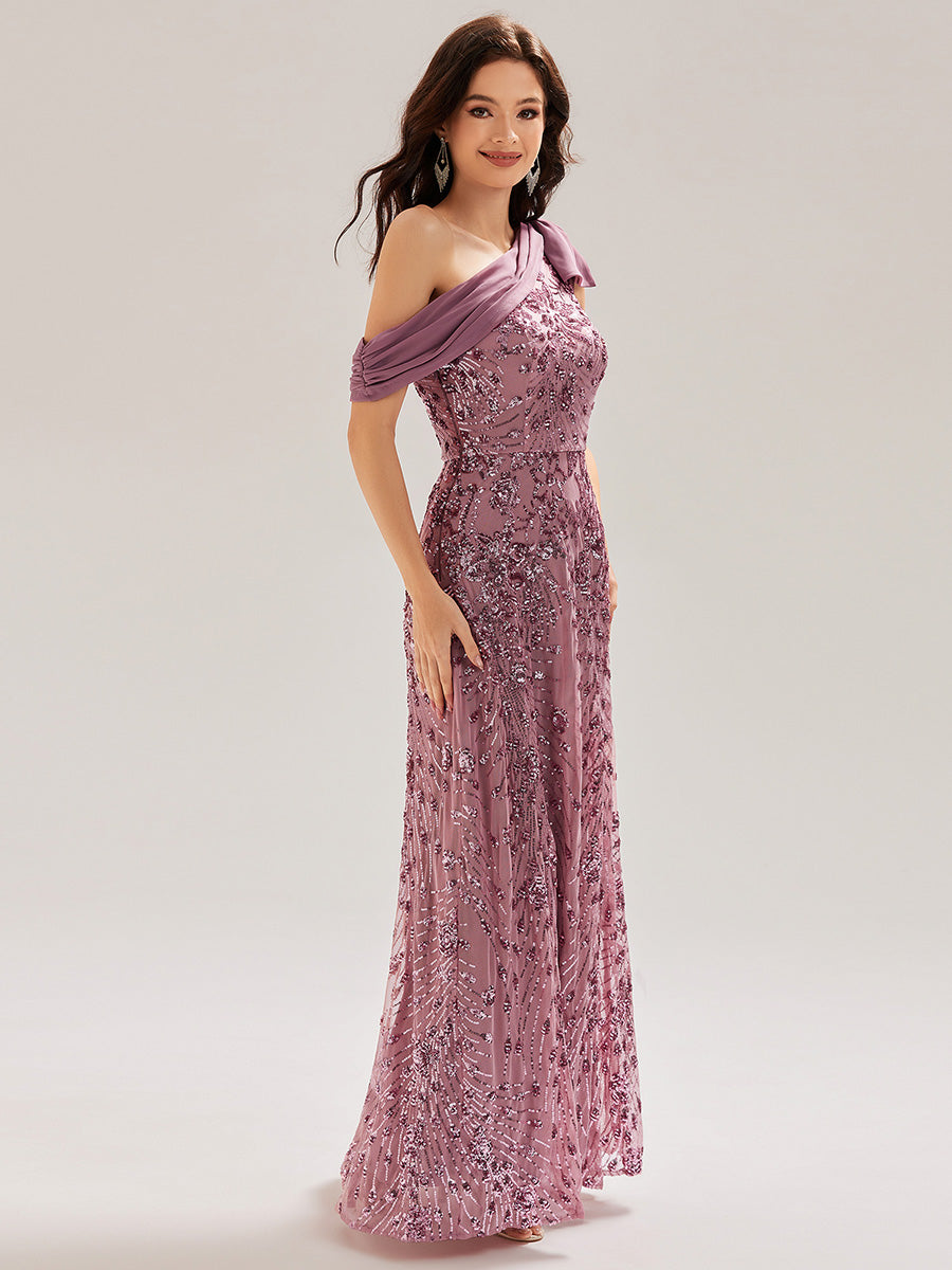 Robe chic sans manches à une épaule avec nœud #Couleur_Orchidee