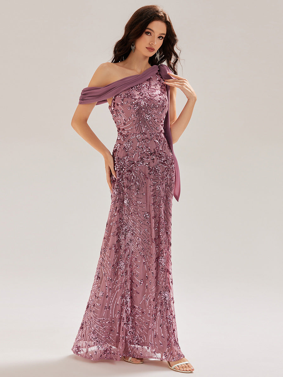 Robe chic sans manches à une épaule avec nœud #Couleur_Orchidee