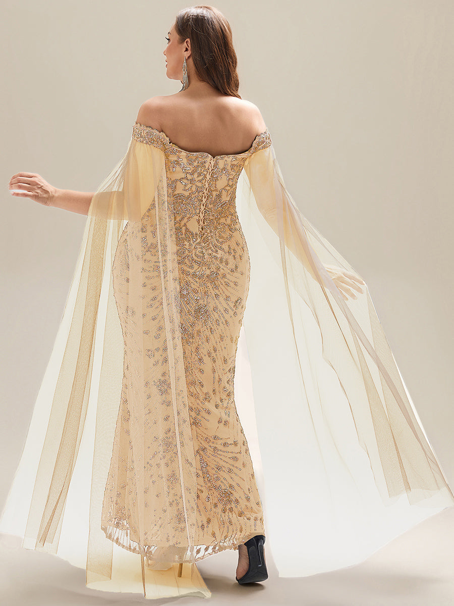 Robe de soirée chic sans bretelles à épaules dénudées en jersey extensible avec encolure asymétrique et détails en sequins #Couleur_Dorée