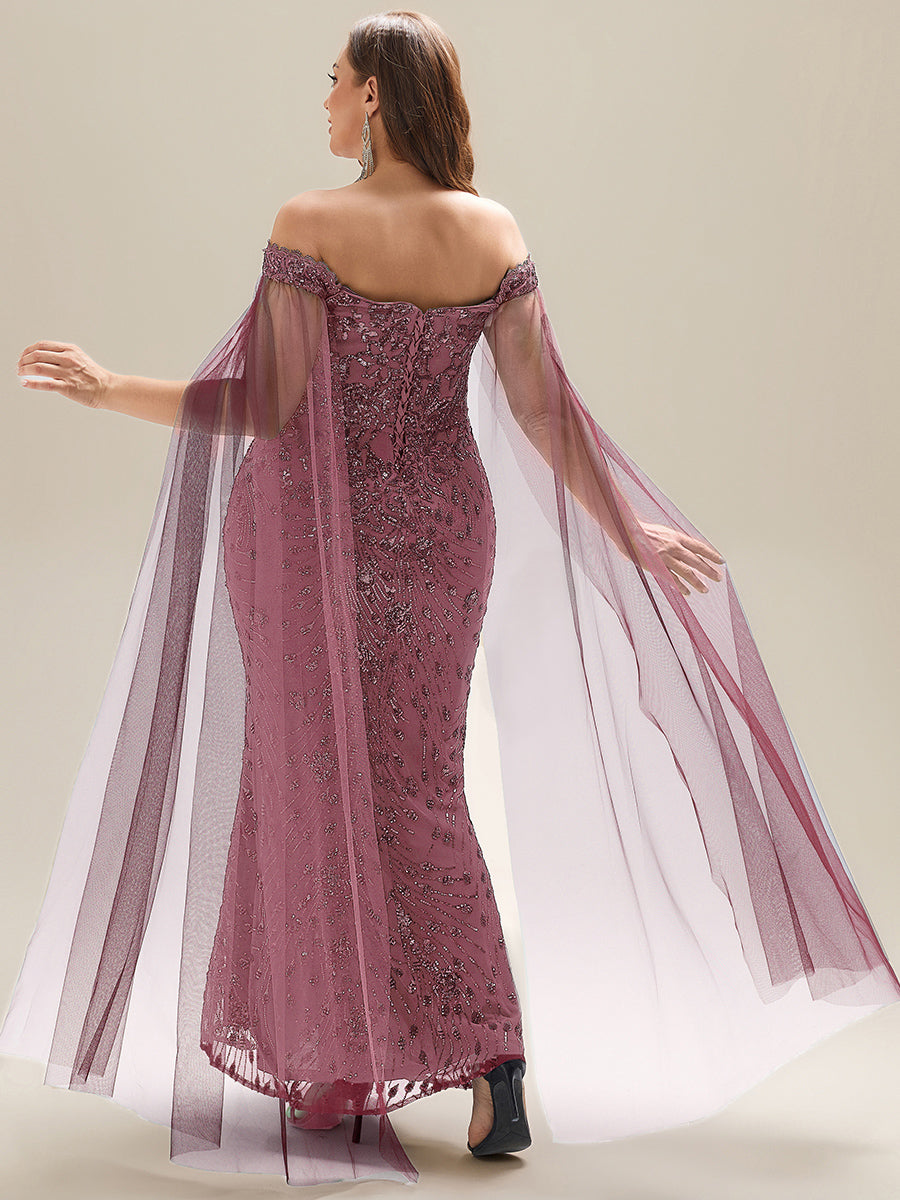 Robe de soirée chic sans bretelles à épaules dénudées en jersey extensible avec encolure asymétrique et détails en sequins #Couleur_Orchidee