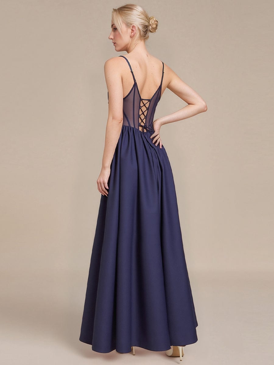 Robe d'invité de mariage trapèze en mousseline fluide à encolure ronde et longueur au genou #Couleur_Bleu Marine