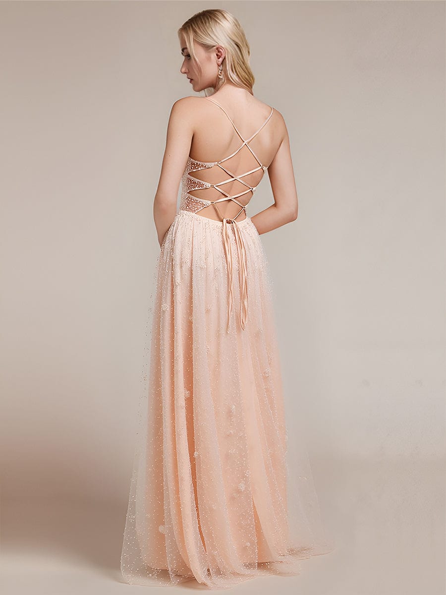Robe d'invité de mariage trapèze en mousseline fluide à encolure ronde et longueur au genou #Couleur_Blush