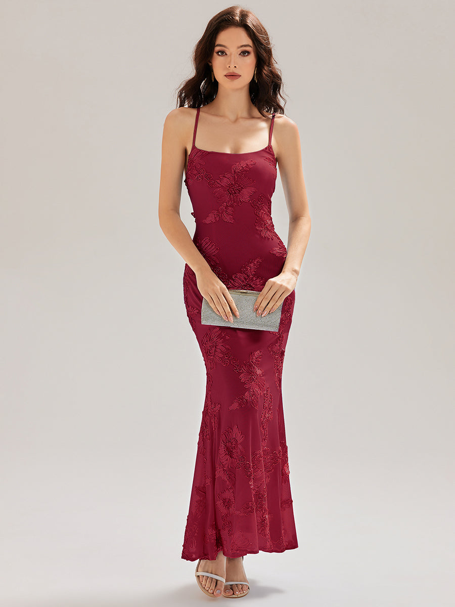 Robe maxi sirène sans manches à bretelles élastiques avec nœud à l'avant et rubans fluides #Couleur_Bordeaux
