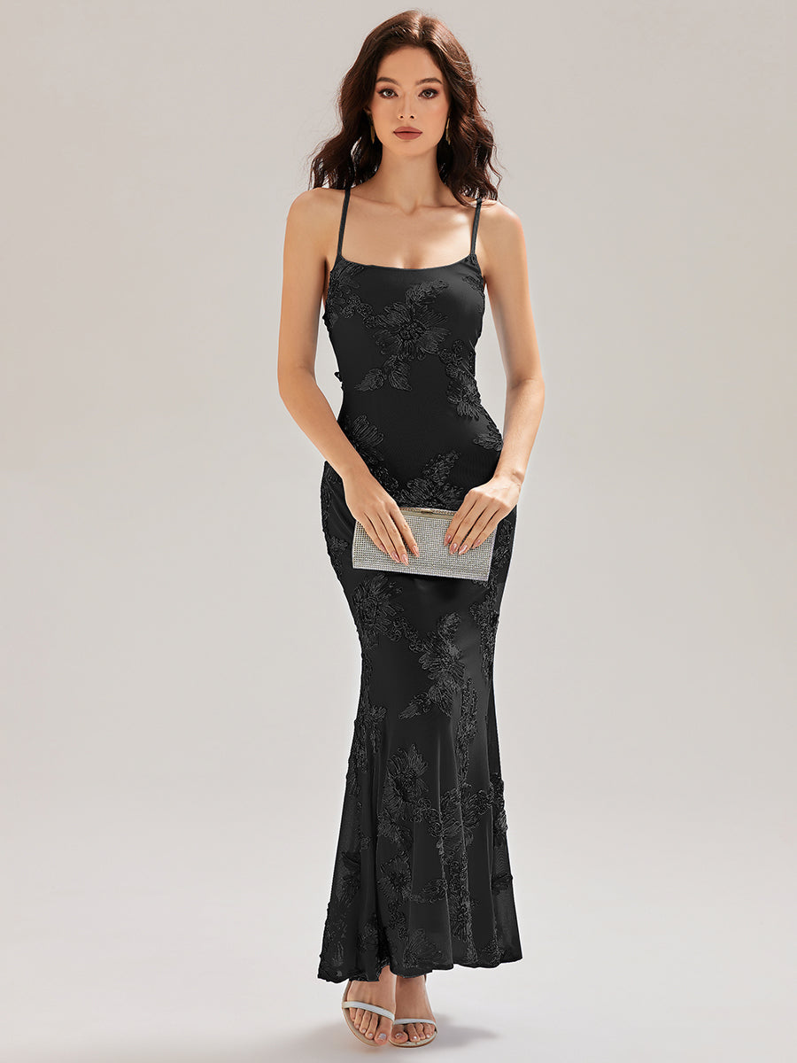 Robe maxi sirène sans manches à bretelles élastiques avec nœud à l'avant et rubans fluides #Couleur_Noir