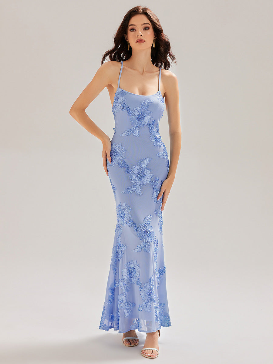 Robe maxi sirène sans manches à bretelles élastiques avec nœud à l'avant et rubans fluides #Couleur_Bleu Glace