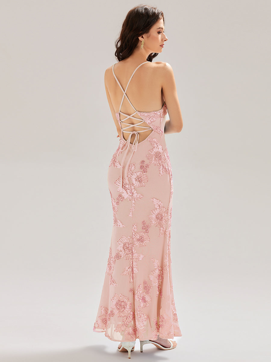 Robe maxi sirène sans manches à bretelles élastiques avec nœud à l'avant et rubans fluides #Couleur_Rose