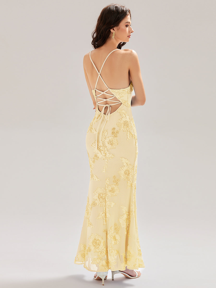 Robe maxi sirène sans manches à bretelles élastiques avec nœud à l'avant et rubans fluides #Couleur_Jaune