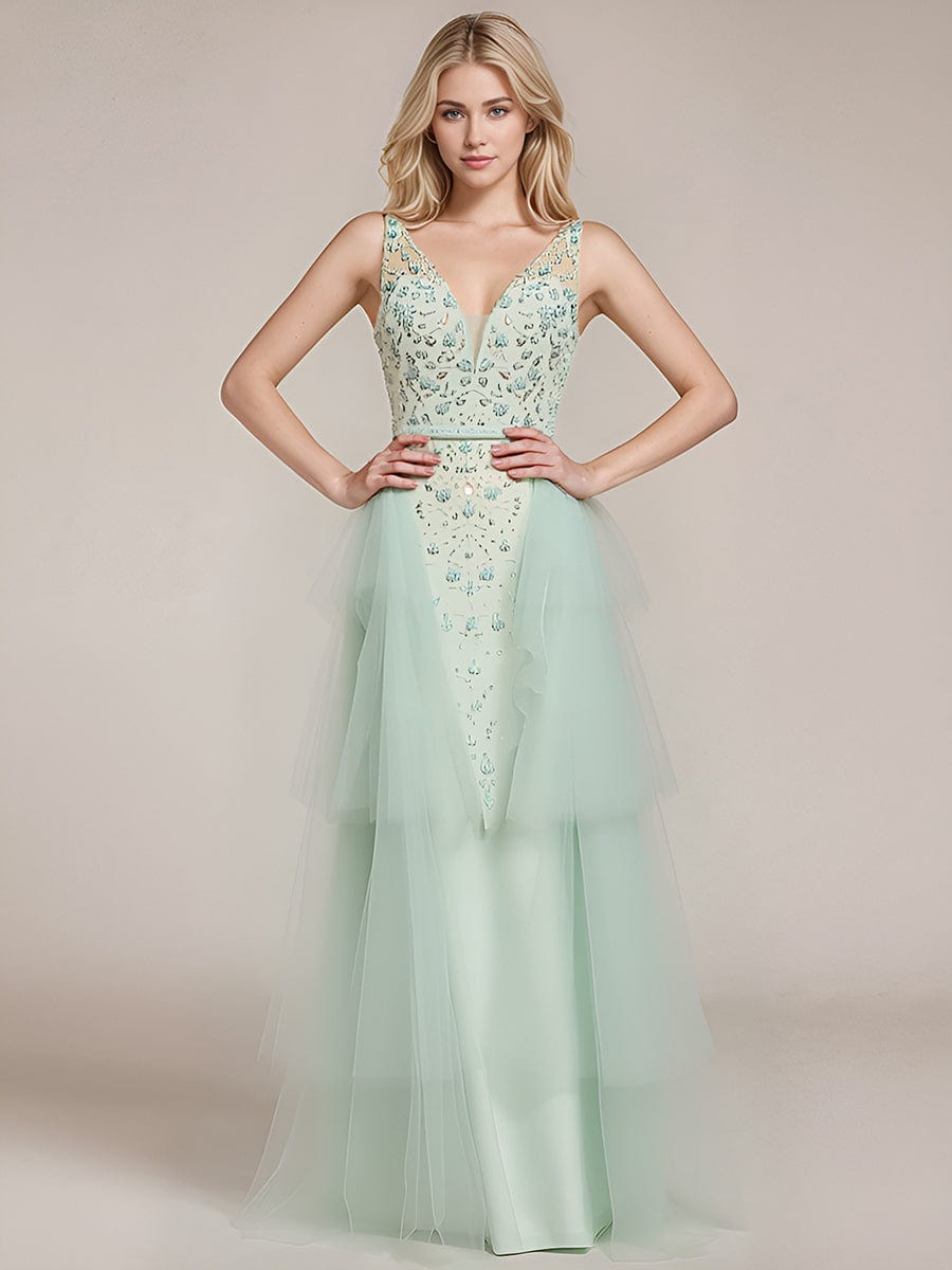Robe d'invité de mariage trapèze en mousseline fluide à encolure ronde et longueur au genou #Couleur_Bleu Glace