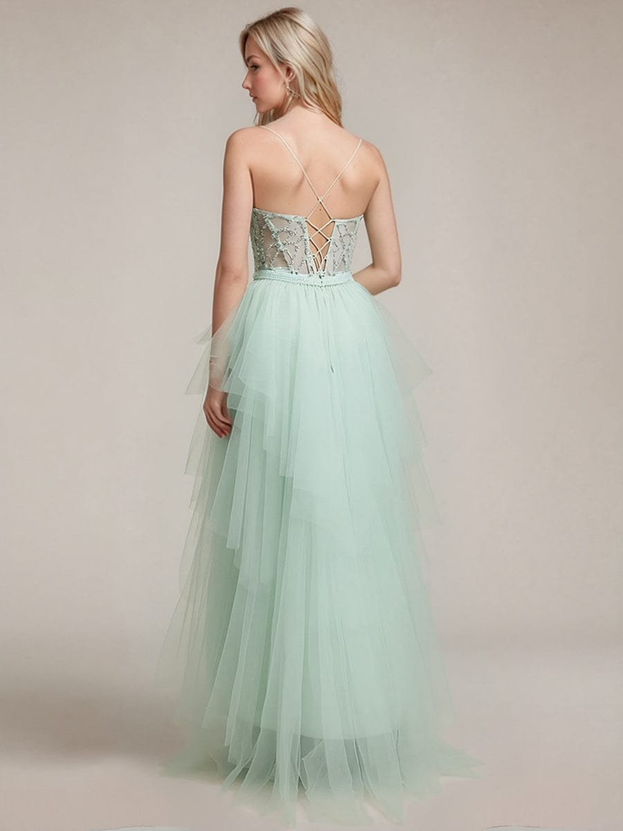 Robe d'invité de mariage trapèze en mousseline fluide à encolure ronde et longueur au genou #Couleur_Bleu Glace