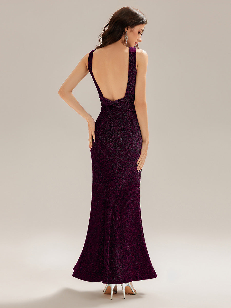 Robe de soirée sirène longue sans bretelles fendue #Couleur_Violet Fonce