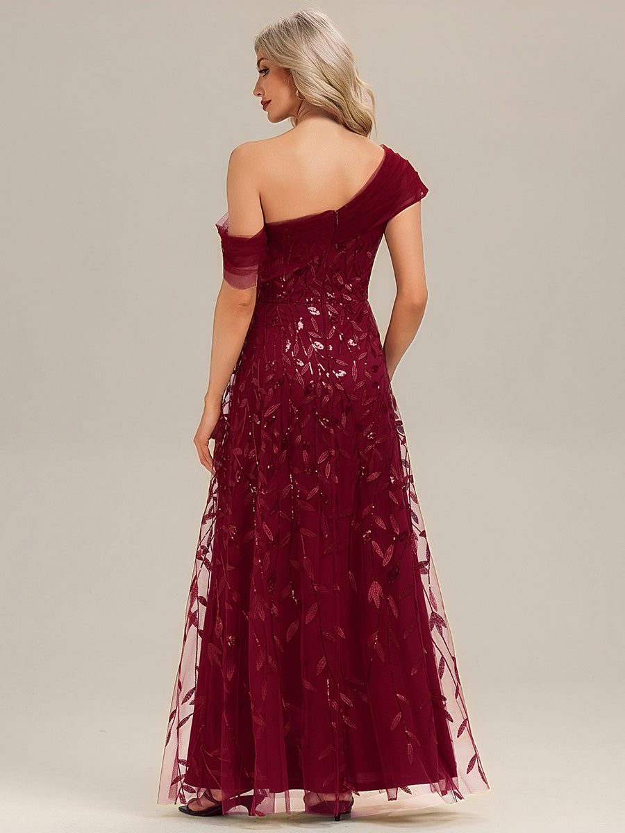 Robe longue asymétrique à manches courtes en patchwork avec fermeture éclair au dos Robe de soirée chic #Couleur_Bordeaux