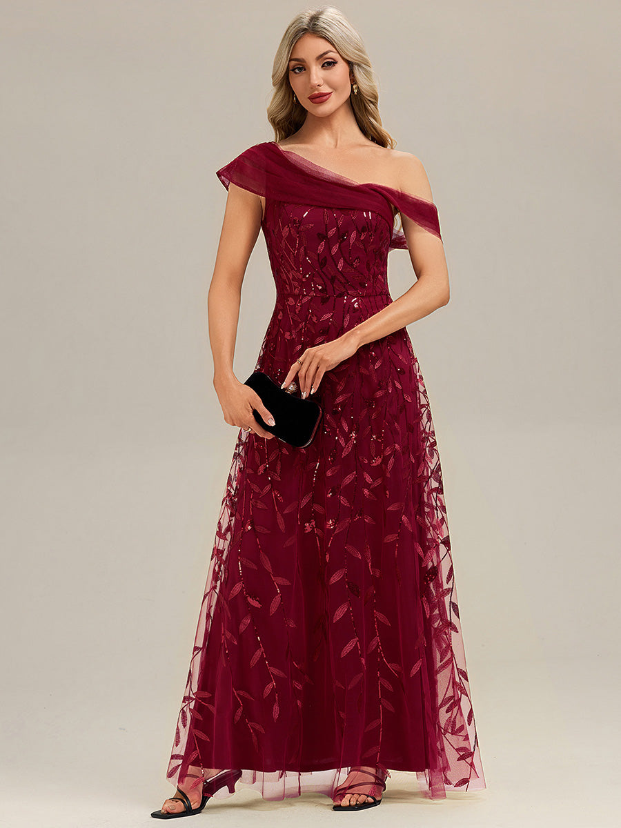 Robe longue asymétrique à manches courtes en patchwork avec fermeture éclair au dos Robe de soirée chic #Couleur_Bordeaux