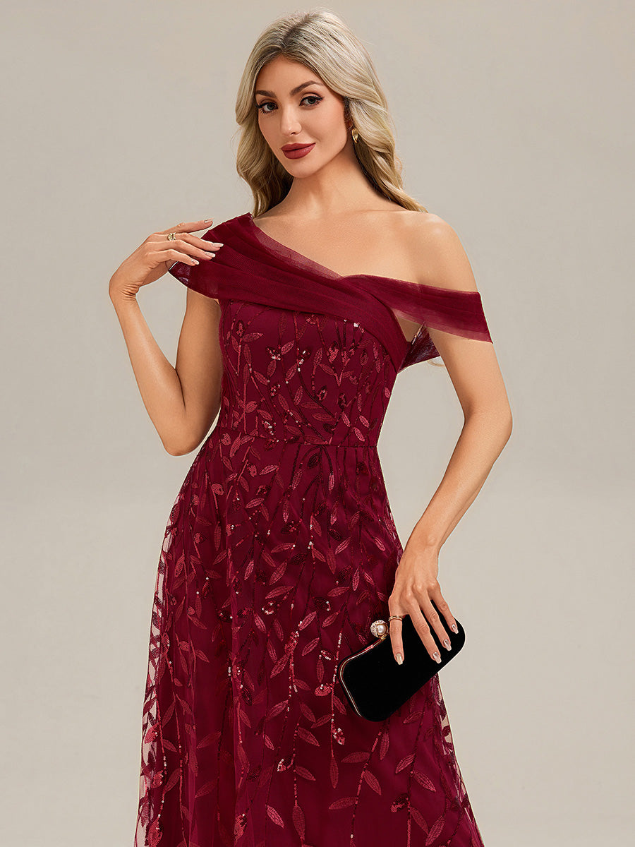 Robe longue asymétrique à manches courtes en patchwork avec fermeture éclair au dos Robe de soirée chic #Couleur_Bordeaux