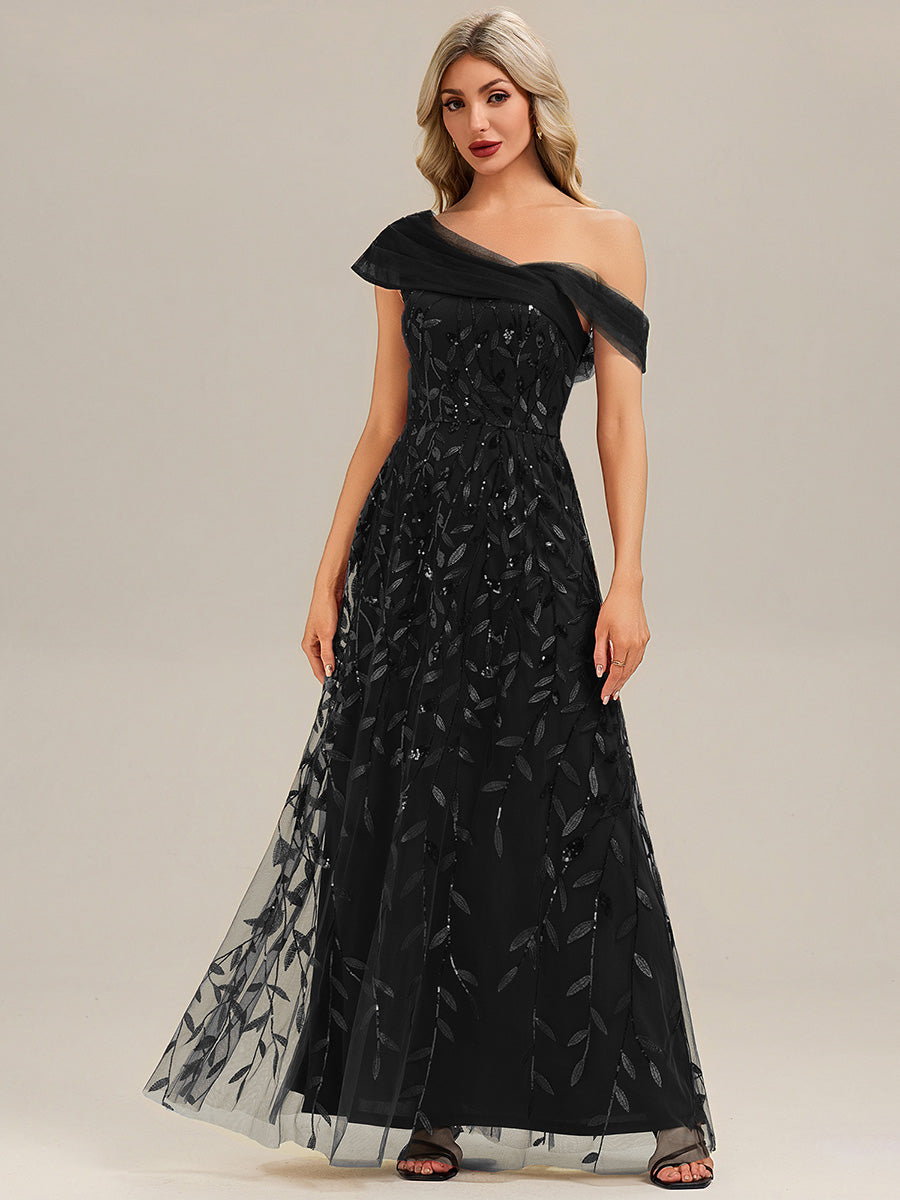 Robe longue asymétrique à manches courtes en patchwork avec fermeture éclair au dos Robe de soirée chic #Couleur_Noir