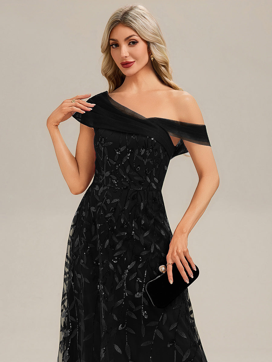 Robe longue asymétrique à manches courtes en patchwork avec fermeture éclair au dos Robe de soirée chic #Couleur_Noir