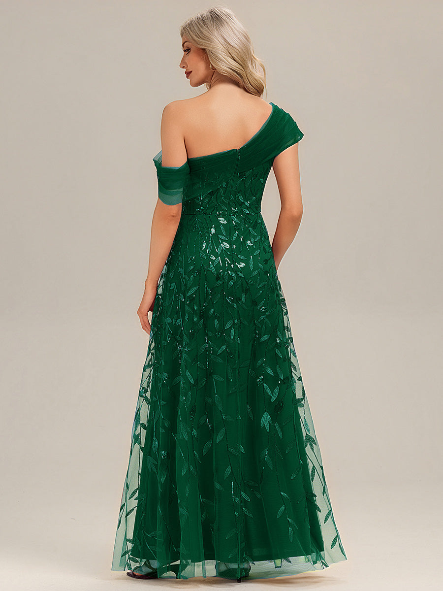 Robe longue asymétrique à manches courtes en patchwork avec fermeture éclair au dos Robe de soirée chic #Couleur_Vert Fonce
