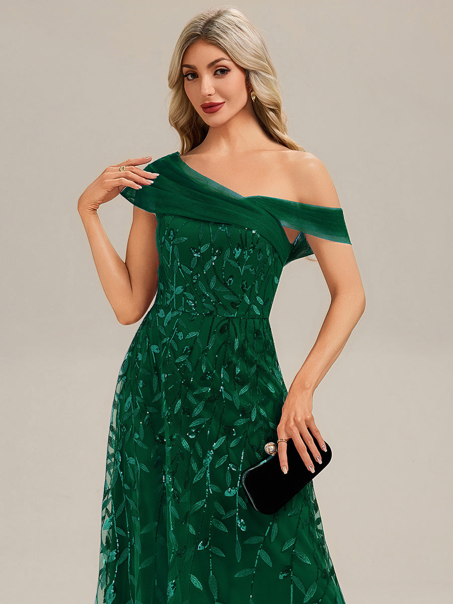 Robe longue asymétrique à manches courtes en patchwork avec fermeture éclair au dos Robe de soirée chic #Couleur_Vert Fonce