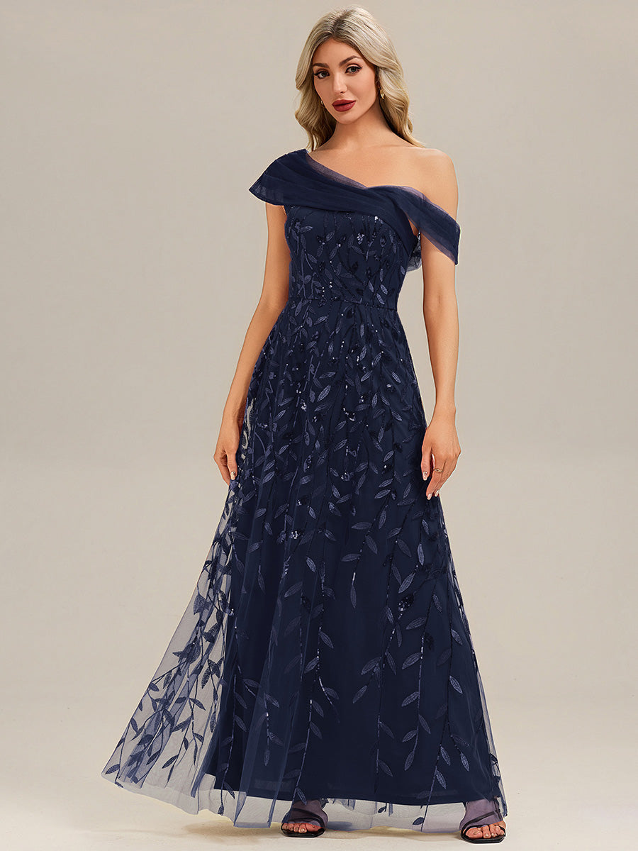 Robe longue asymétrique à manches courtes en patchwork avec fermeture éclair au dos Robe de soirée chic #Couleur_Bleu Marine