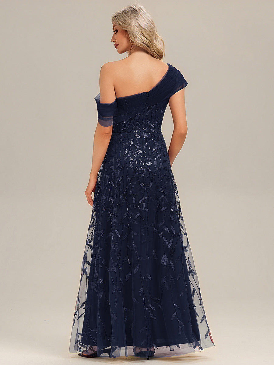 Robe longue asymétrique à manches courtes en patchwork avec fermeture éclair au dos Robe de soirée chic #Couleur_Bleu Marine