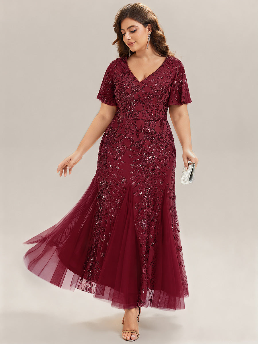 Robe de soirée brodée à paillettes et manches à volants #Couleur_Bordeaux