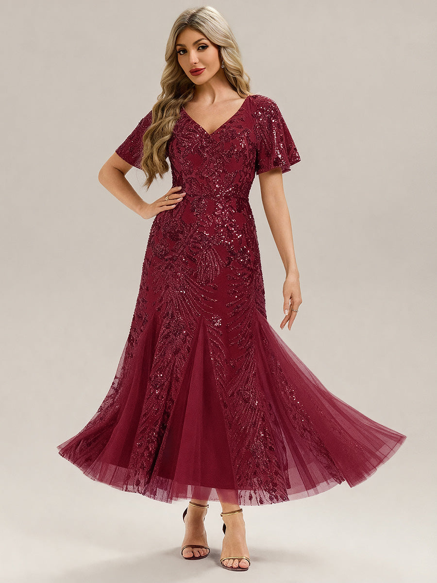 Robe de soirée brodée à paillettes et manches à volants #Couleur_Bordeaux