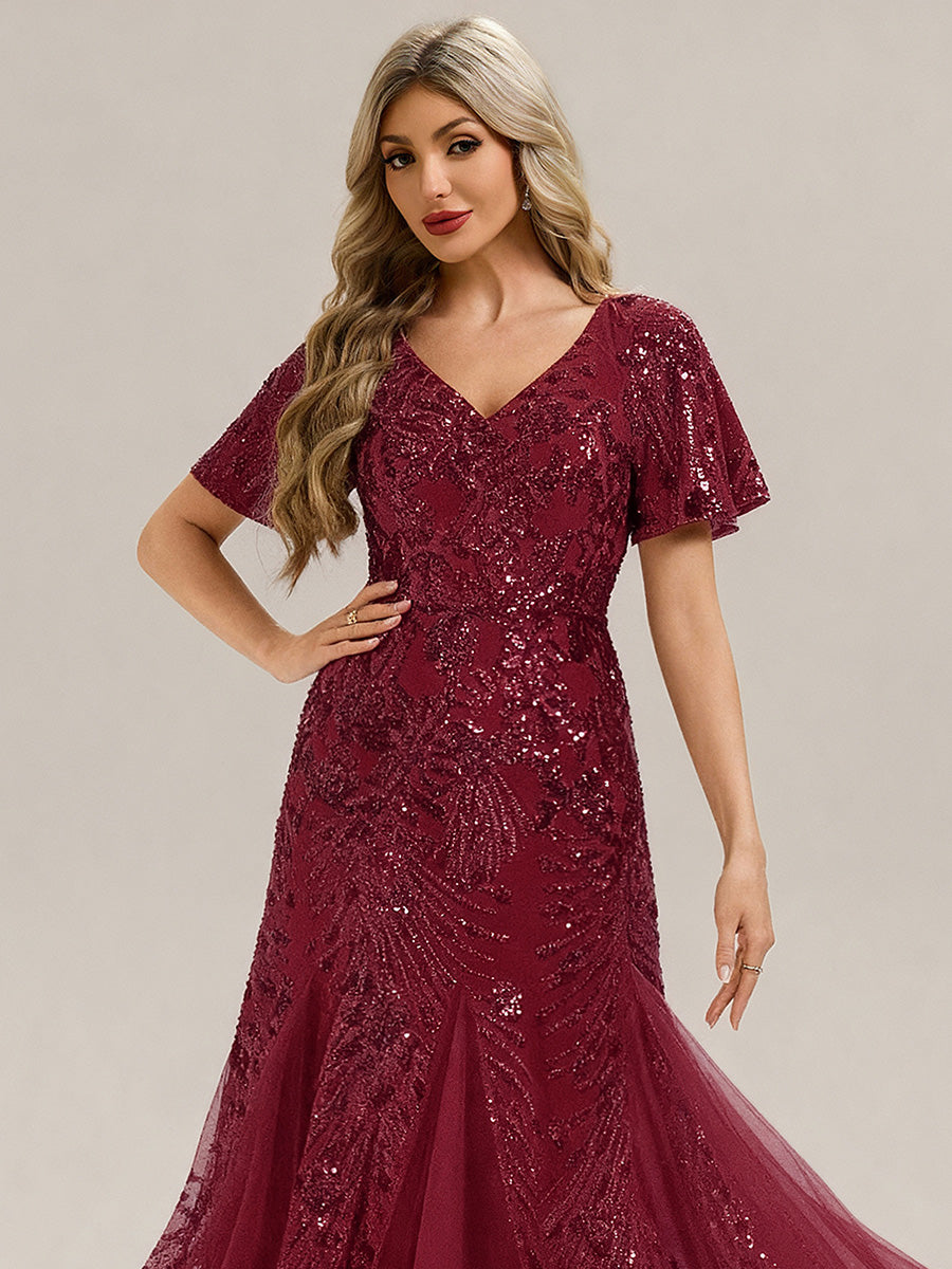 Robe de soirée brodée à paillettes et manches à volants #Couleur_Bordeaux