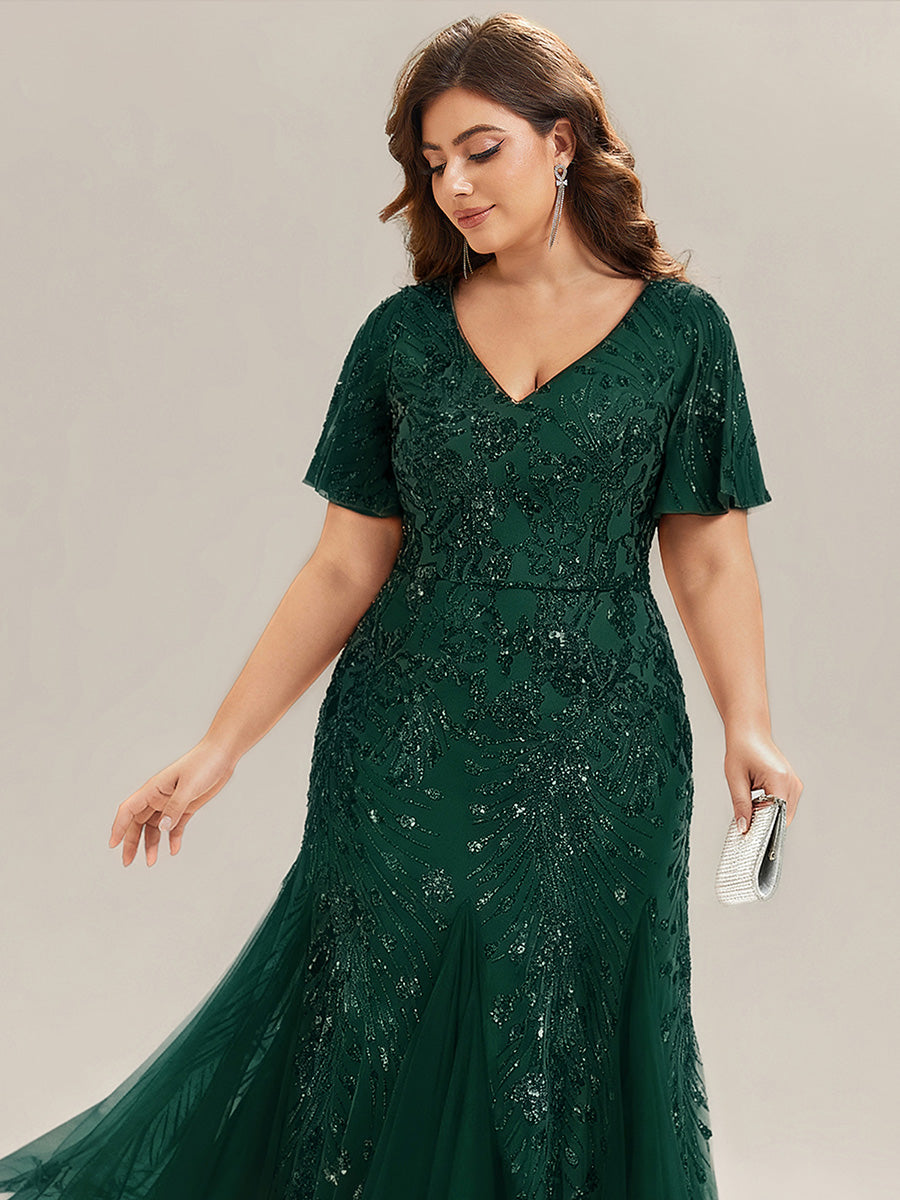 Robe de soirée brodée à paillettes et manches à volants #Couleur_Vert Fonce