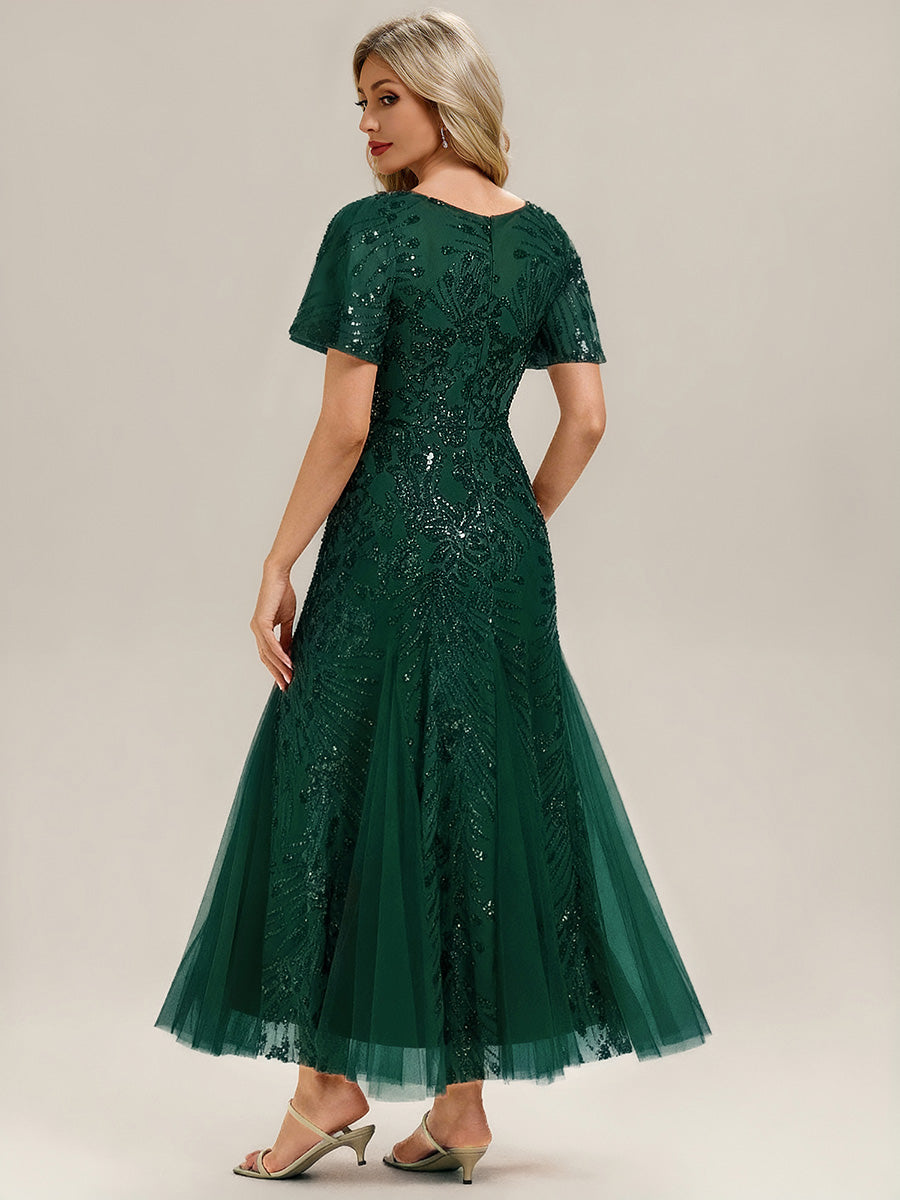 Robe de soirée brodée à paillettes et manches à volants #Couleur_Vert Fonce