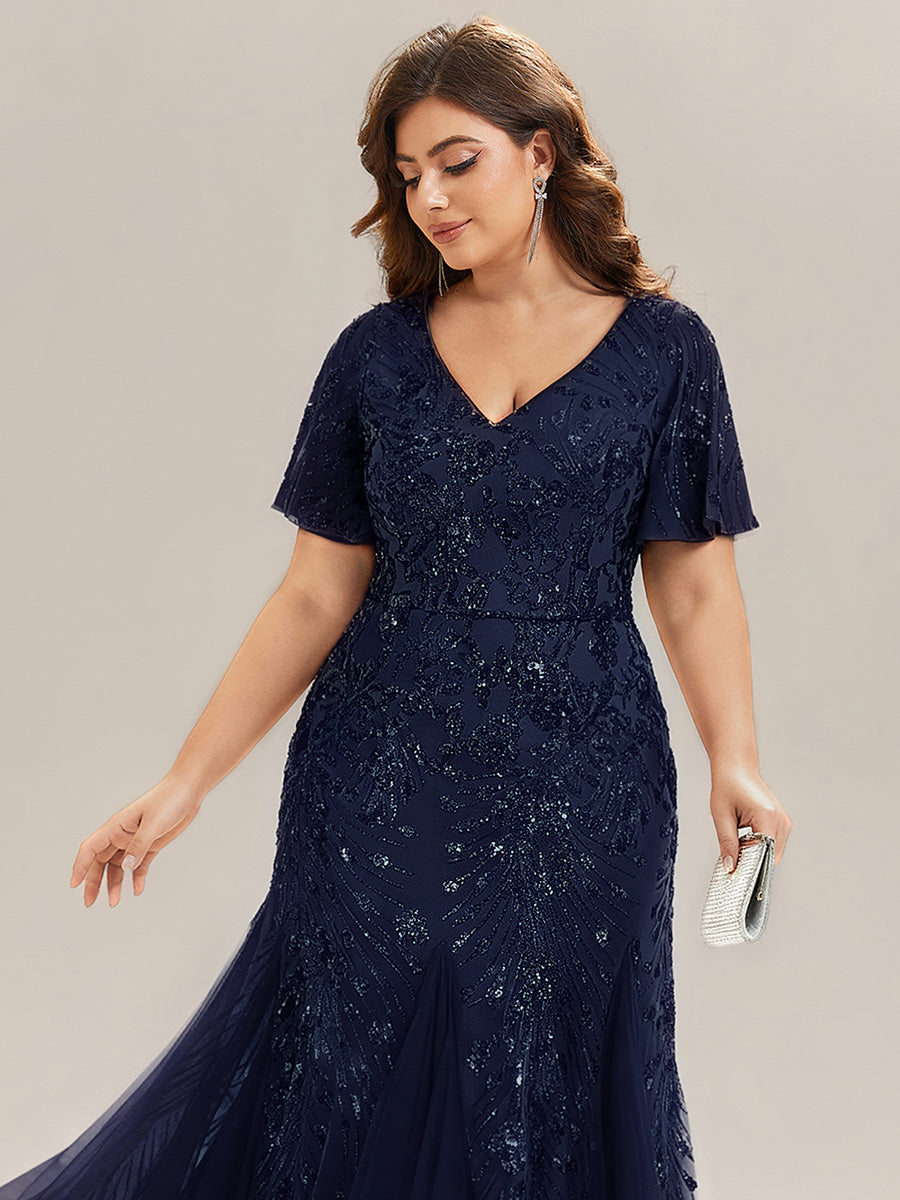 Robe de soirée brodée à paillettes et manches à volants #Couleur_Bleu Marine