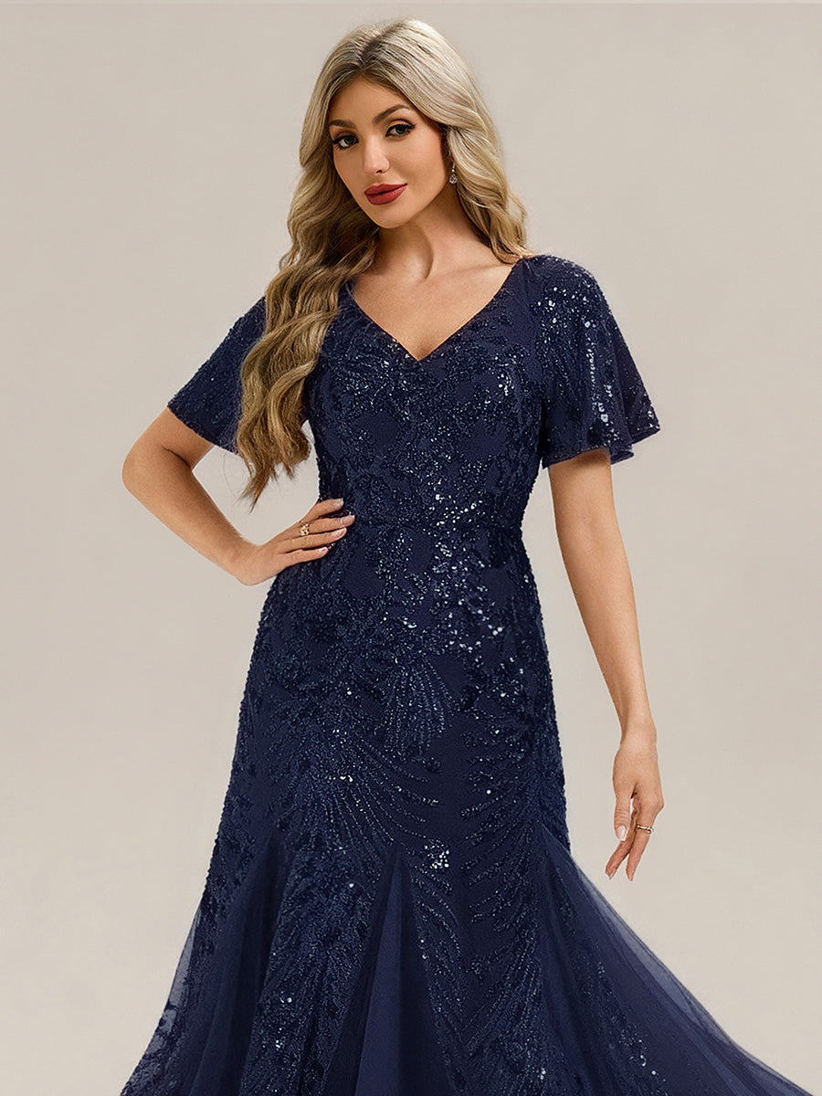 Robe de soirée brodée à paillettes et manches à volants #Couleur_Bleu Marine