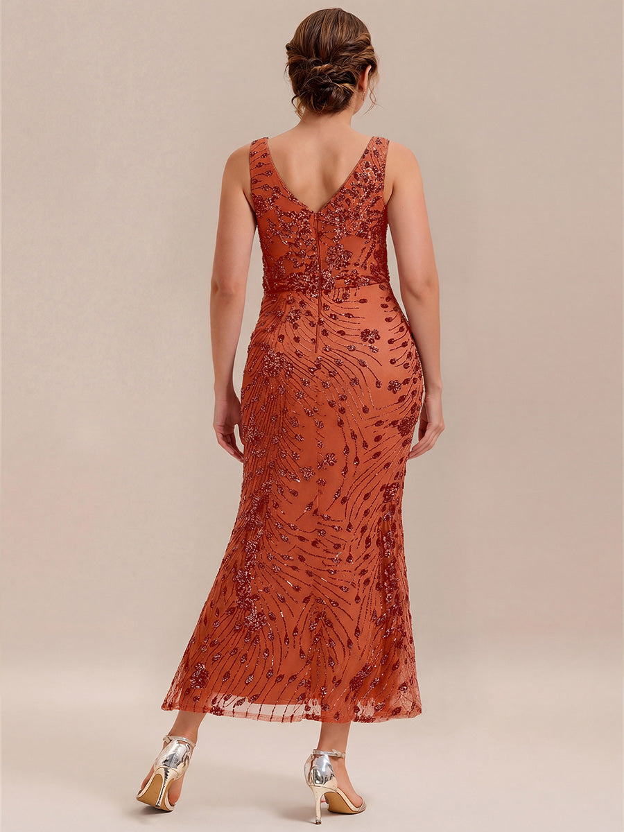 Robe maxi sirène sans bretelles en stretch haut avec décolleté en V noué #Couleur_Burnt Orange