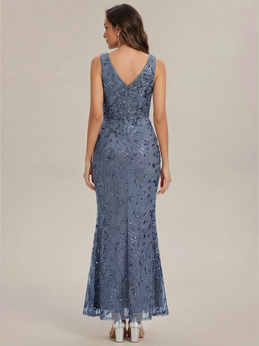 Robe maxi sirène sans bretelles en stretch haut avec décolleté en V noué #Couleur_Marine Fume