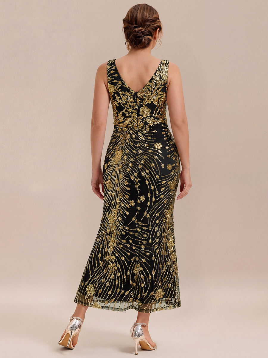 Robe maxi sirène sans bretelles en stretch haut avec décolleté en V noué #Couleur_Noir & Or