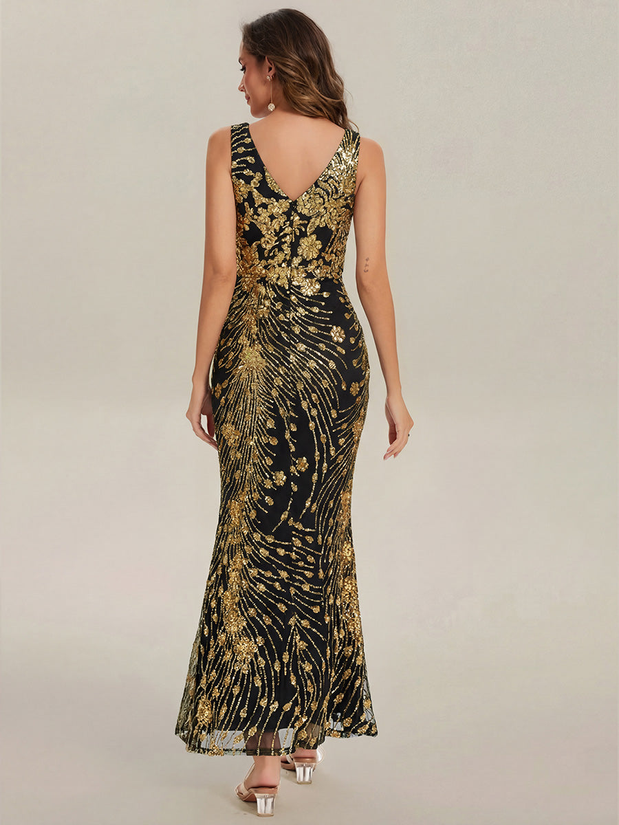 Robe maxi sirène sans bretelles en stretch haut avec décolleté en V noué #Couleur_Noir & Or