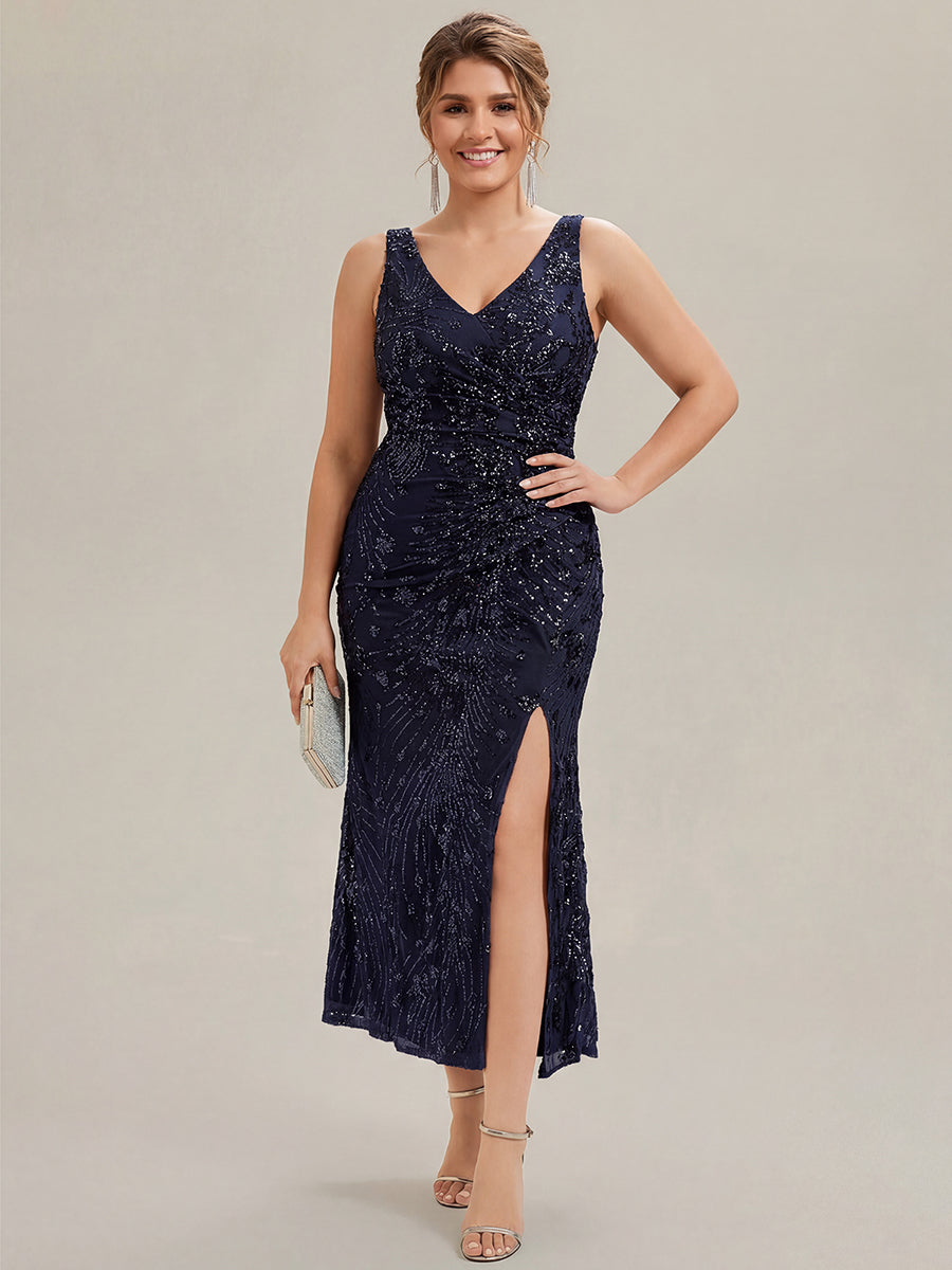 Robe maxi sirène sans bretelles en stretch haut avec décolleté en V noué #Couleur_Bleu Marine