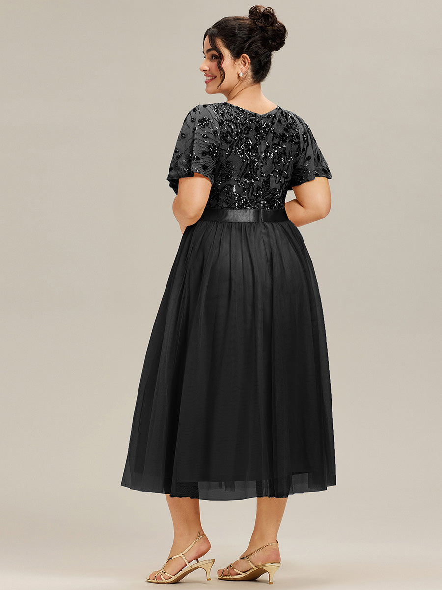 Robe midi chic à volants et sequins décolleté #Couleur_Noir