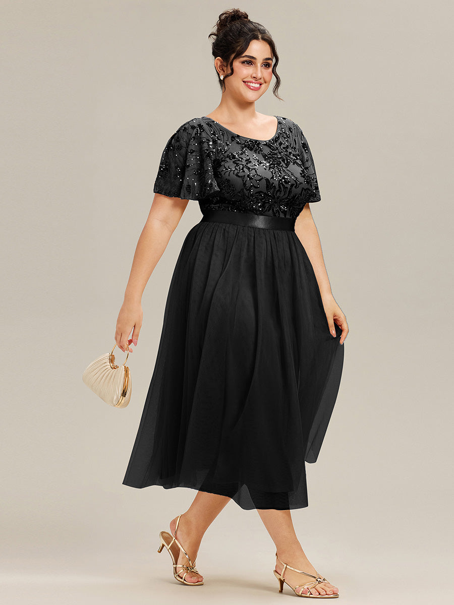 Robe midi chic à volants et sequins décolleté #Couleur_Noir