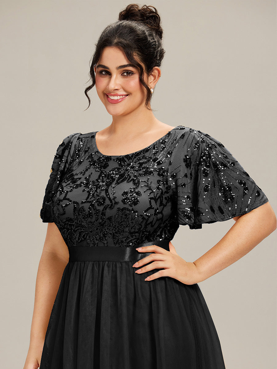 Robe midi chic à volants et sequins décolleté #Couleur_Noir