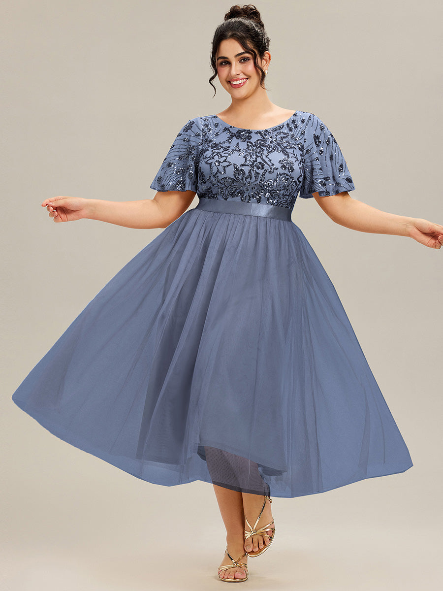Robe midi chic à volants et sequins décolleté #Couleur_Marine Fume