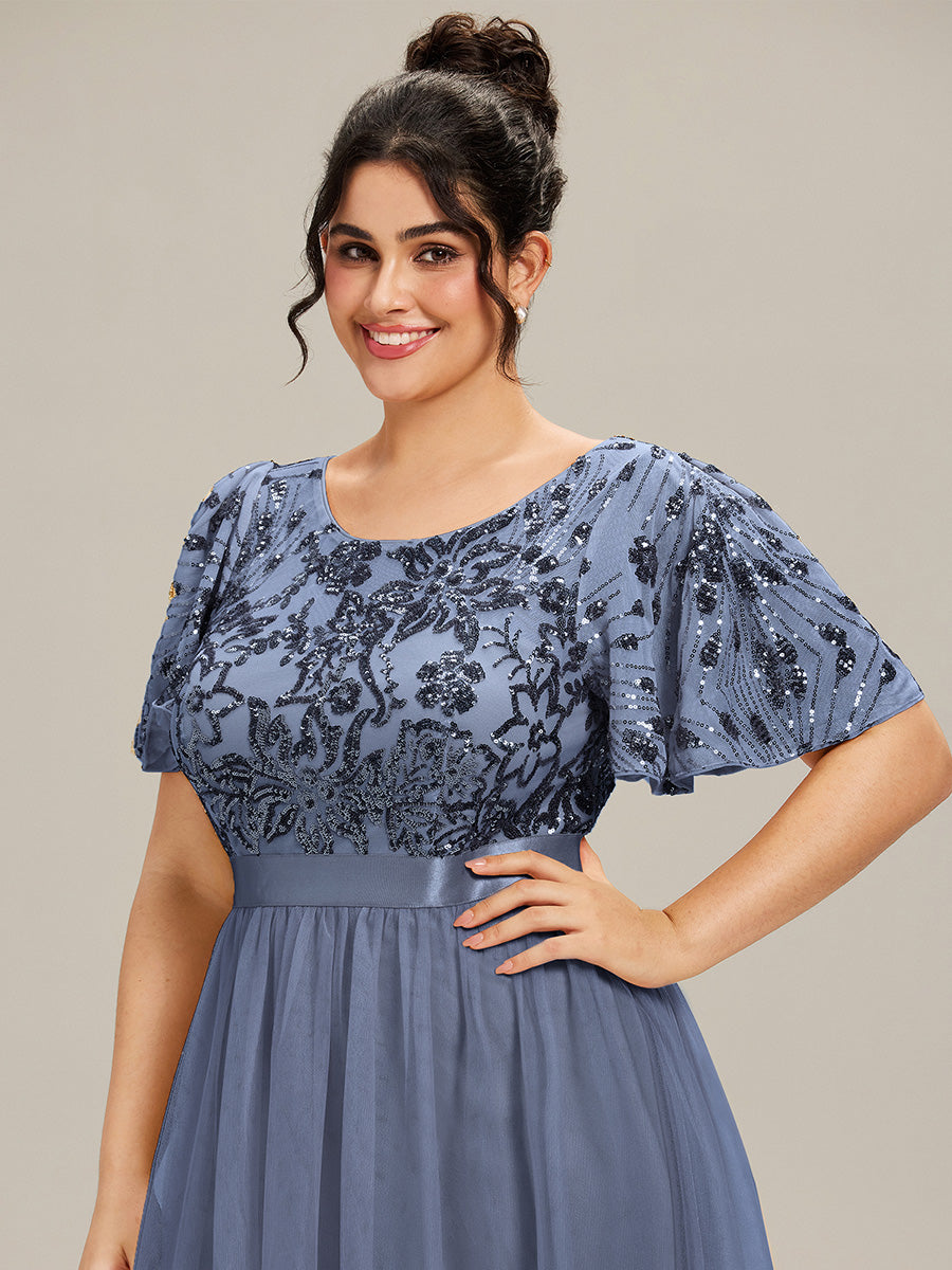 Robe midi chic à volants et sequins décolleté #Couleur_Marine Fume