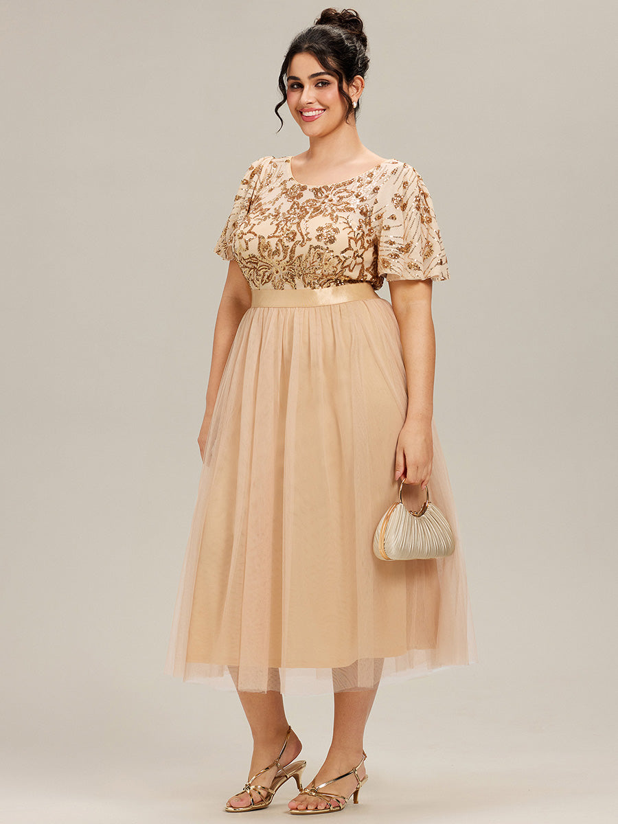 Robe midi chic à volants et sequins décolleté #Couleur_Dorée