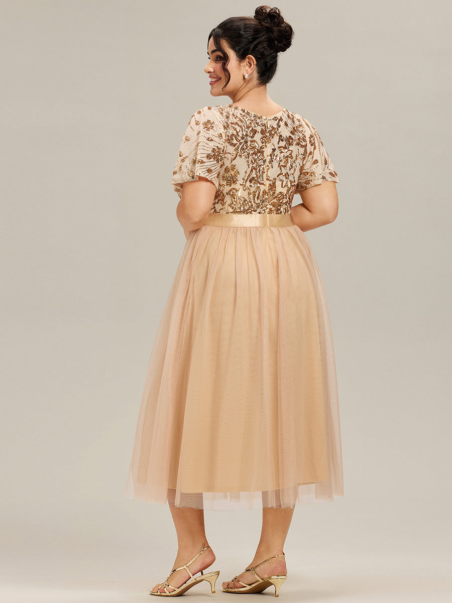 Robe midi chic à volants et sequins décolleté #Couleur_Dorée