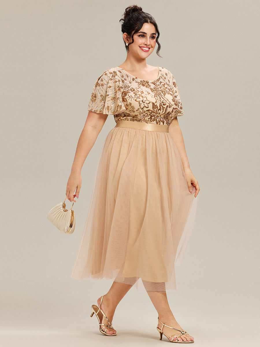 Robe midi chic à volants et sequins décolleté #Couleur_Or