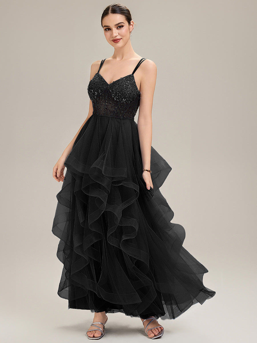 Robe de bal sans manches plissée à décolleté en V profond avec bretelles spaghetti ajustables #Couleur_Noir