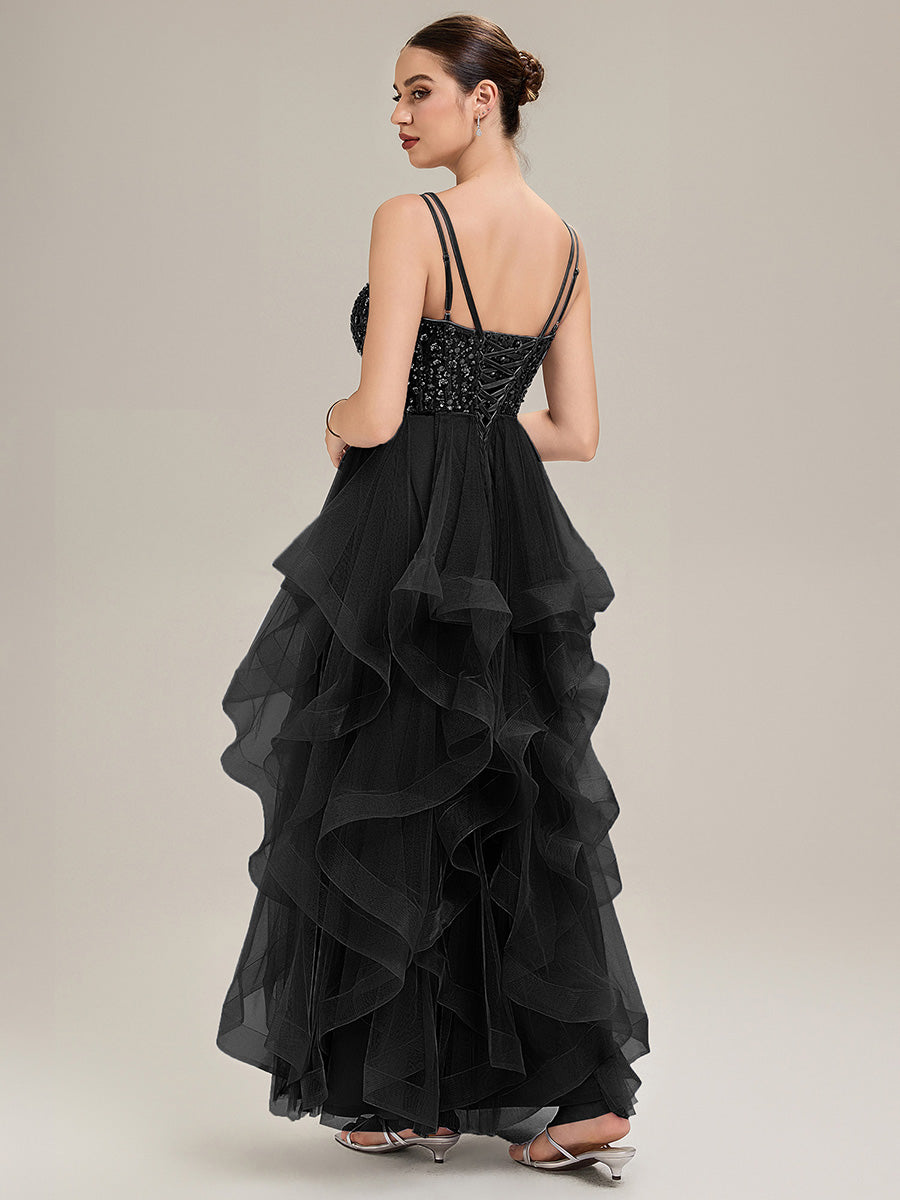 Robe de bal sans manches plissée à décolleté en V profond avec bretelles spaghetti ajustables #Couleur_Noir